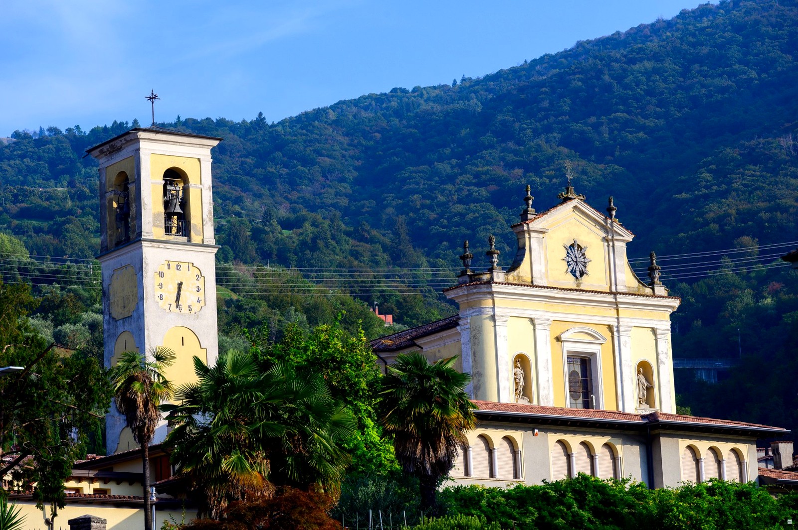 Chiesa con campanile e palme — borgo del Lago d'Iseo