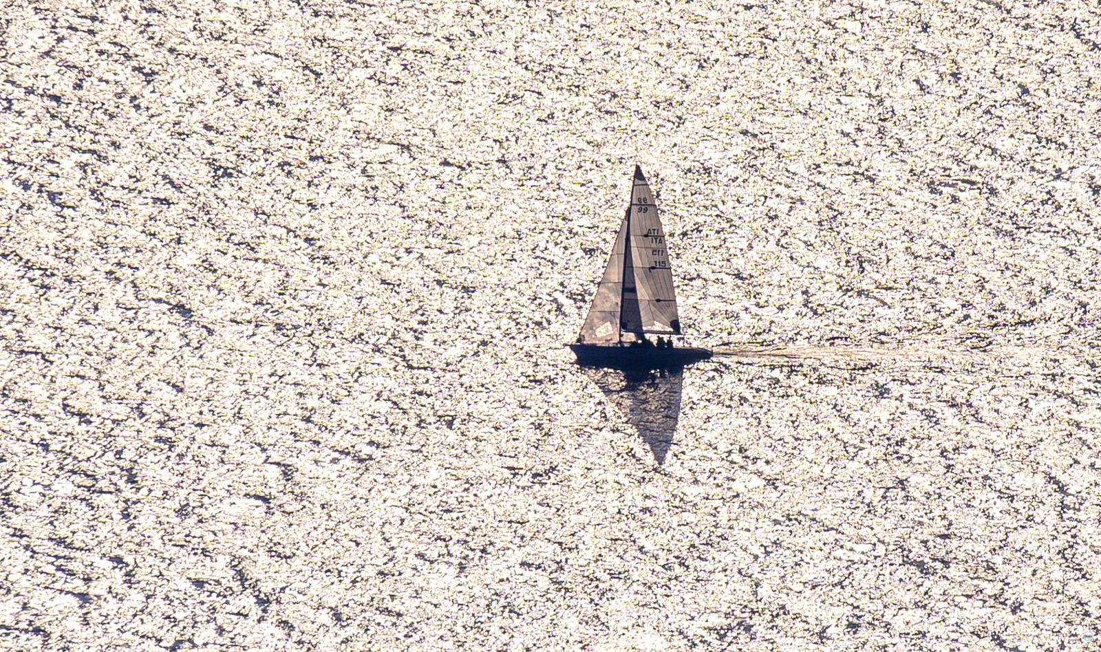 Vela in controluce sull'acqua scintillante del lago